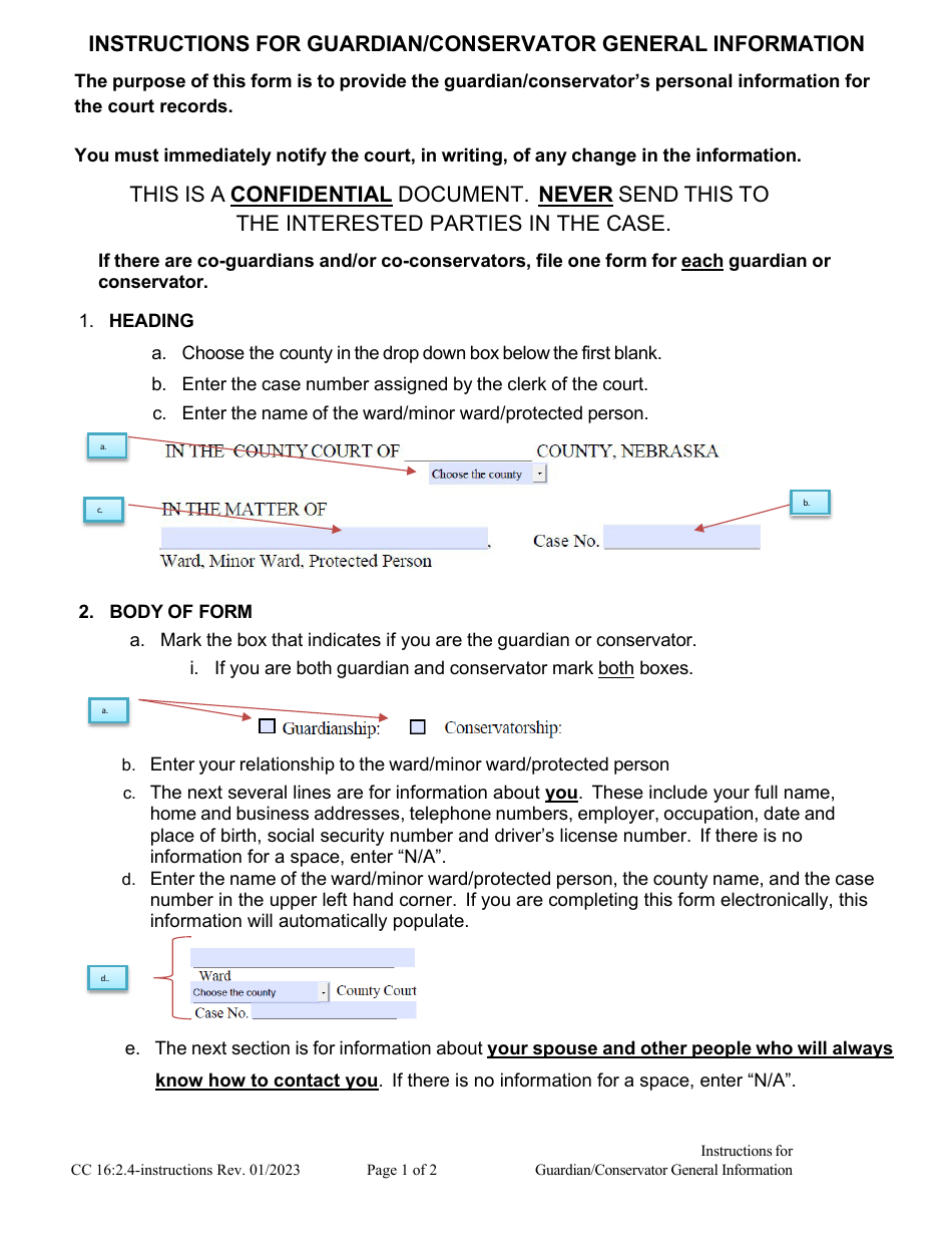 Instructions for Form CC16:2.4 Guardian / Conservator General Information - Nebraska, Page 1