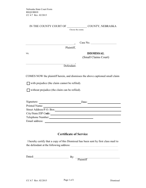 Form CC4:7 Dismissal (Small Claims Court) - Nebraska