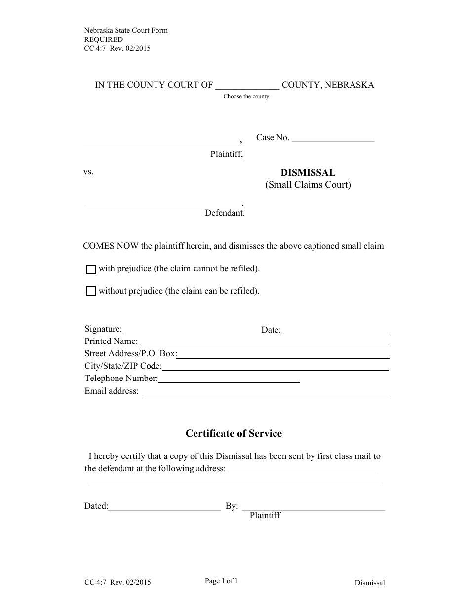 Form CC4:7 Dismissal (Small Claims Court) - Nebraska, Page 1