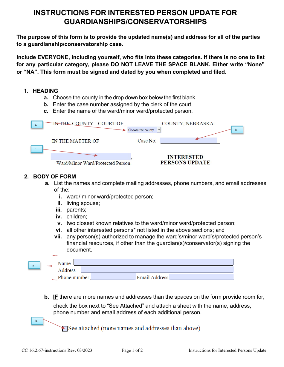 Instructions for Form CC16:2.67 Interested Person Update for Guardianships / Conservatorships - Nebraska, Page 1