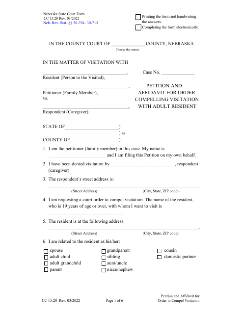 Form CC15:20 Petition and Affidavit for Order Compelling Visitation With Adult Resident - Nebraska