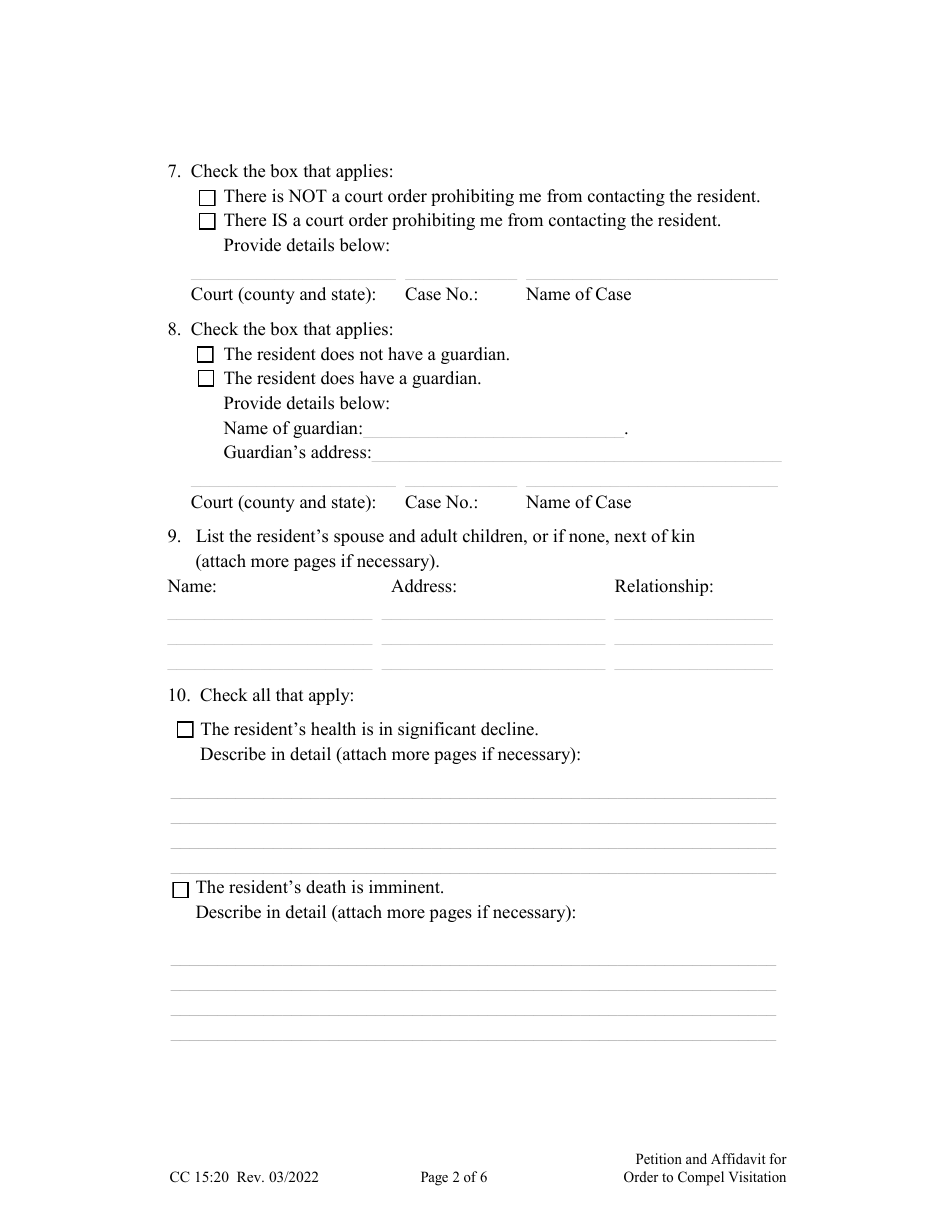 Form CC15:20 Petition and Affidavit for Order Compelling Visitation With Adult Resident - Nebraska, Page 2