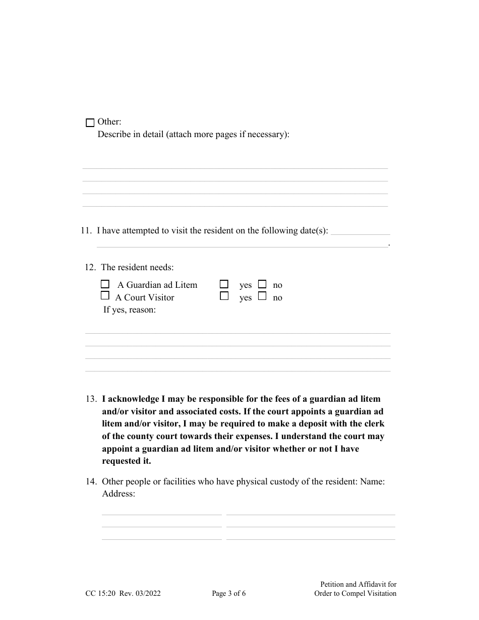 Form CC15:20 Petition and Affidavit for Order Compelling Visitation With Adult Resident - Nebraska, Page 3