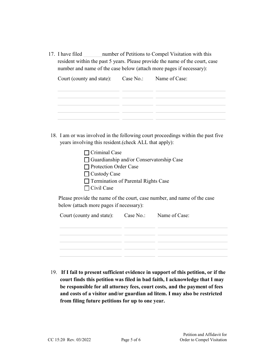 Form CC15:20 Petition and Affidavit for Order Compelling Visitation With Adult Resident - Nebraska, Page 5