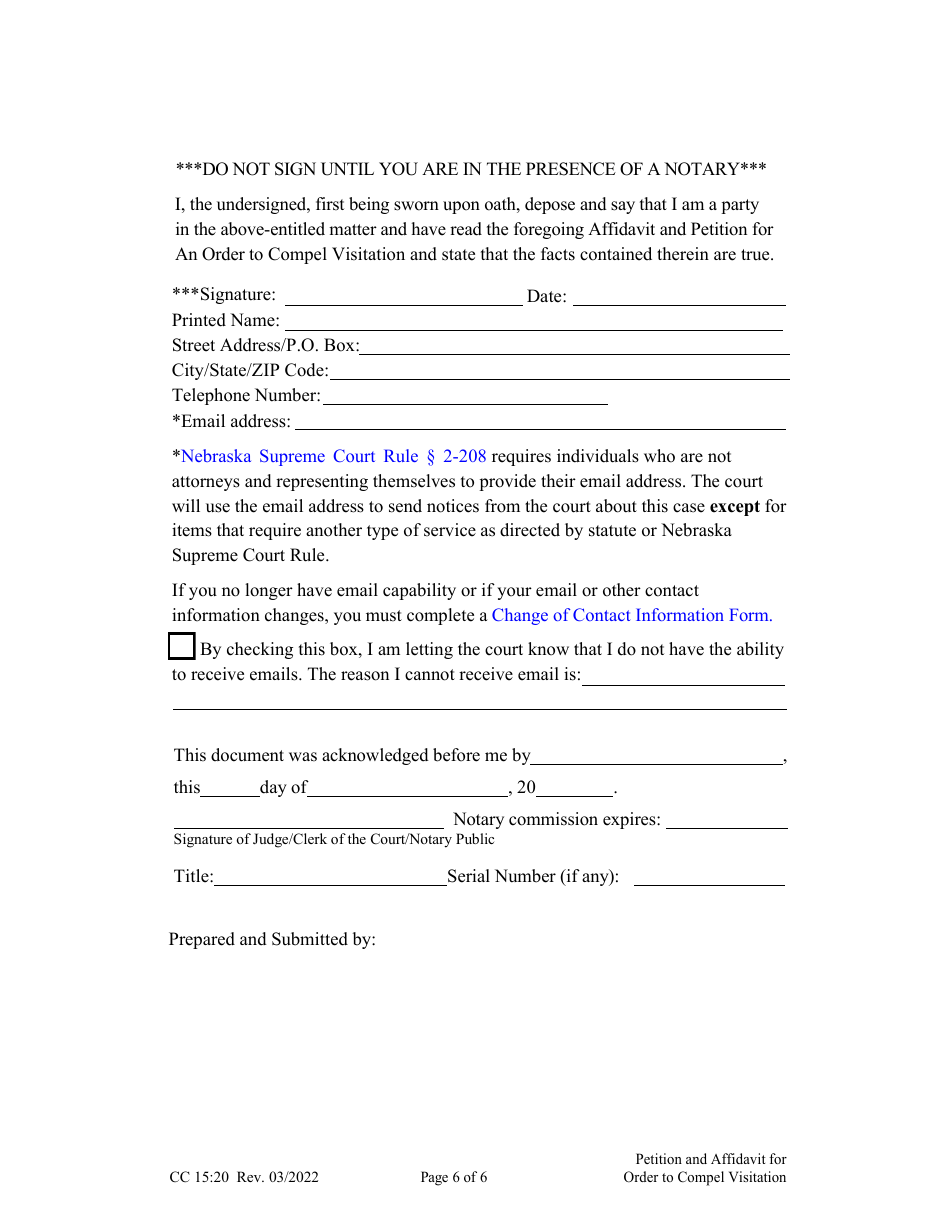 Form CC15:20 Petition and Affidavit for Order Compelling Visitation With Adult Resident - Nebraska, Page 6