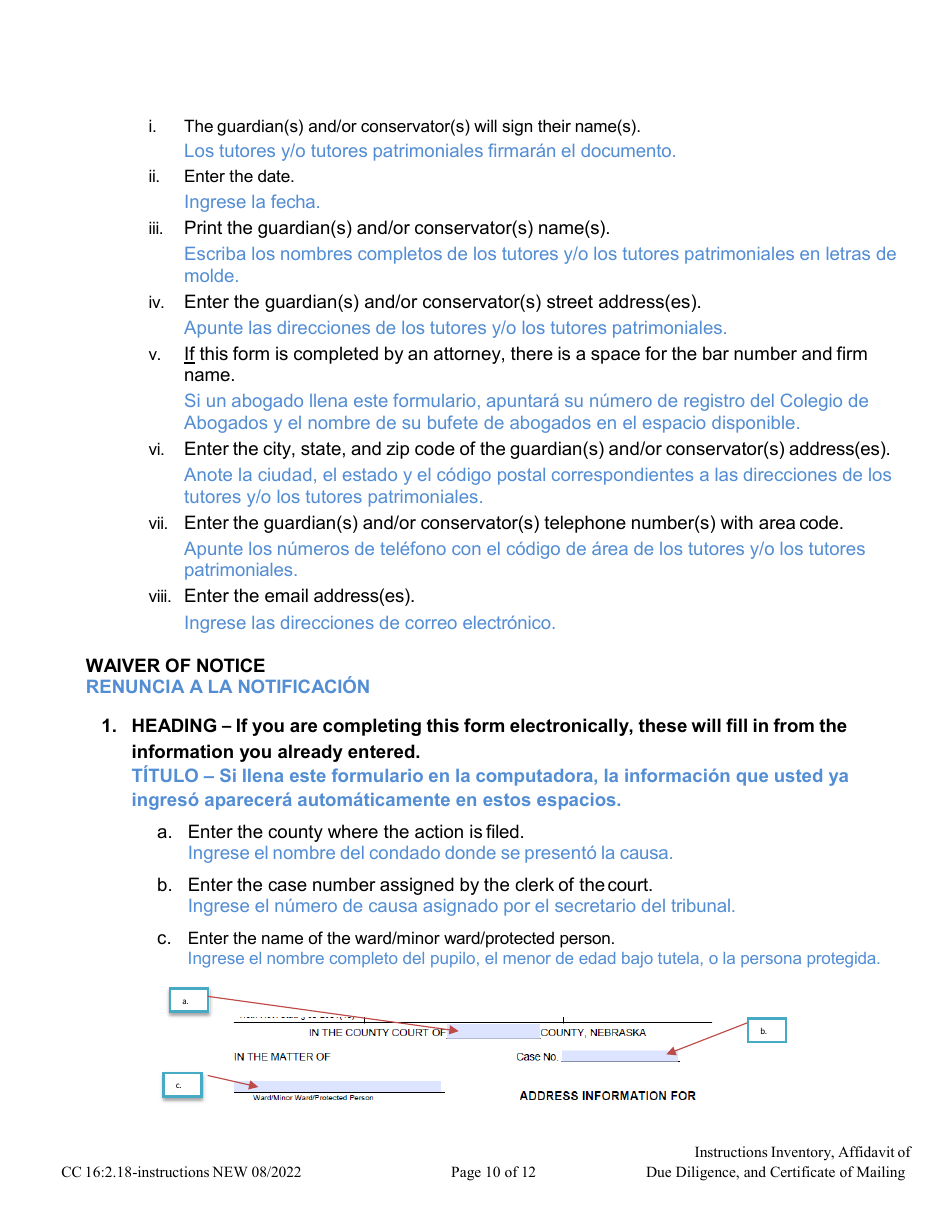 Instructions for Form CC16:2.9 Inventory, Affidavit of Due Diligence and Certificate of Service - Nebraska (English / Spanish), Page 10