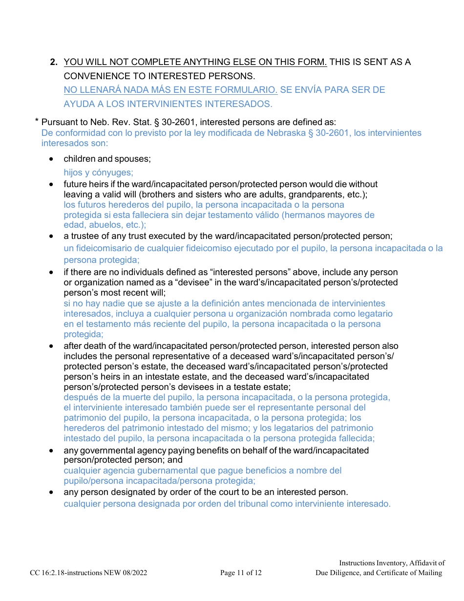 Instructions for Form CC16:2.9 Inventory, Affidavit of Due Diligence and Certificate of Service - Nebraska (English / Spanish), Page 11