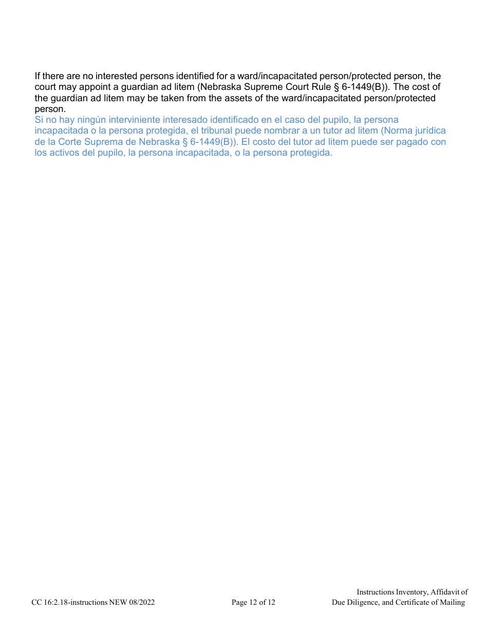 Instructions for Form CC16:2.9 Inventory, Affidavit of Due Diligence and Certificate of Service - Nebraska (English / Spanish), Page 12