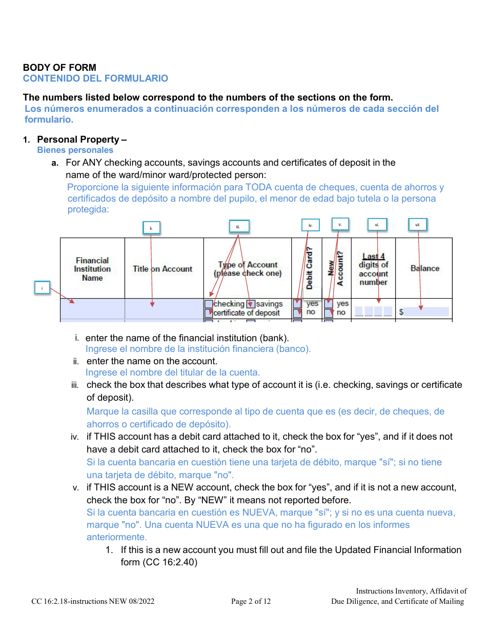 Instructions for Form CC16:2.9 Inventory, Affidavit of Due Diligence and Certificate of Service - Nebraska (English / Spanish), Page 2