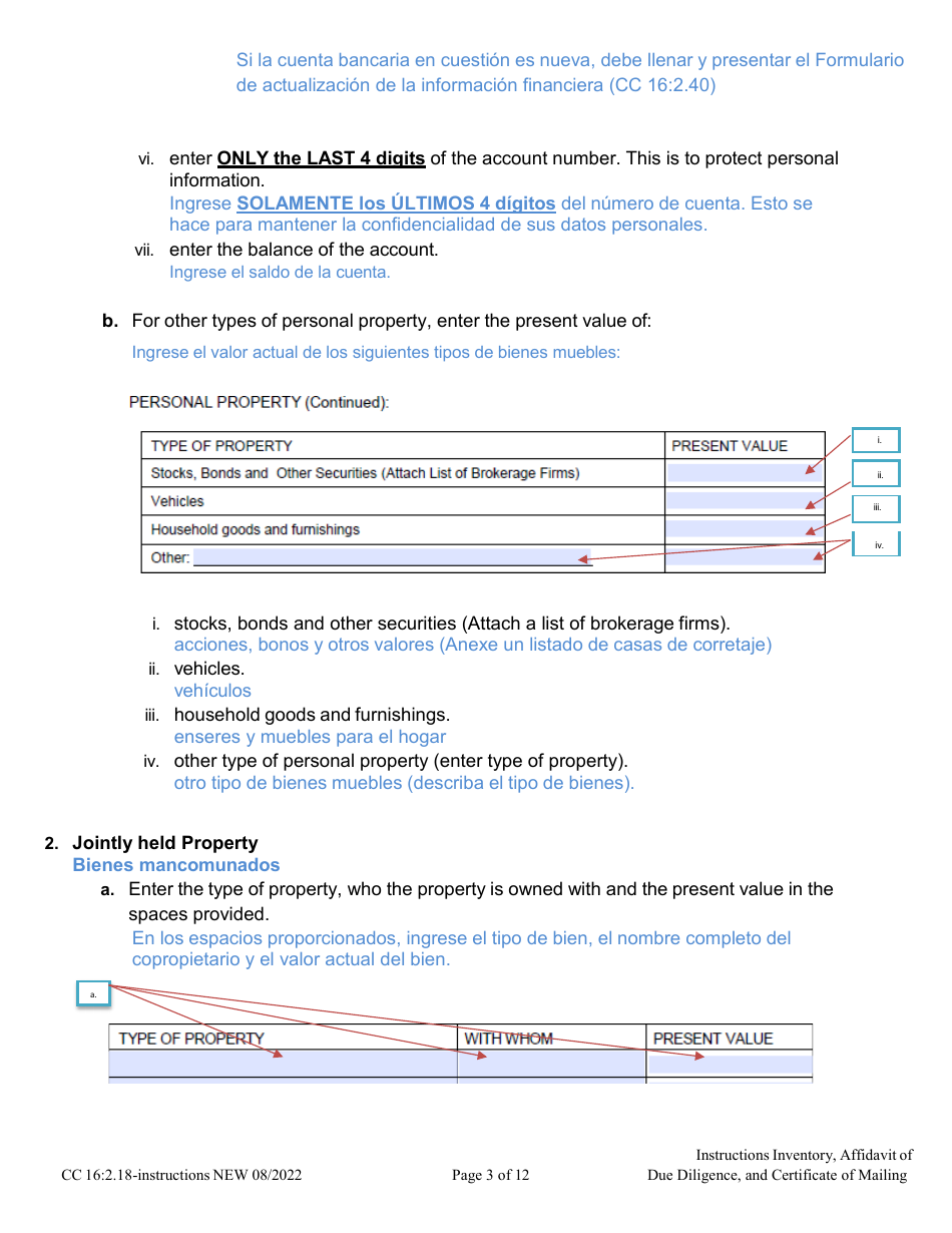 Instructions for Form CC16:2.9 Inventory, Affidavit of Due Diligence and Certificate of Service - Nebraska (English / Spanish), Page 3