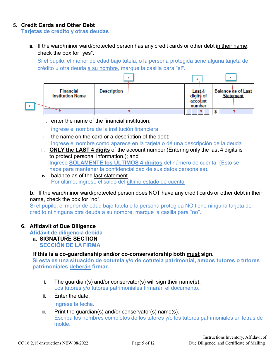 Instructions for Form CC16:2.9 Inventory, Affidavit of Due Diligence and Certificate of Service - Nebraska (English / Spanish), Page 5