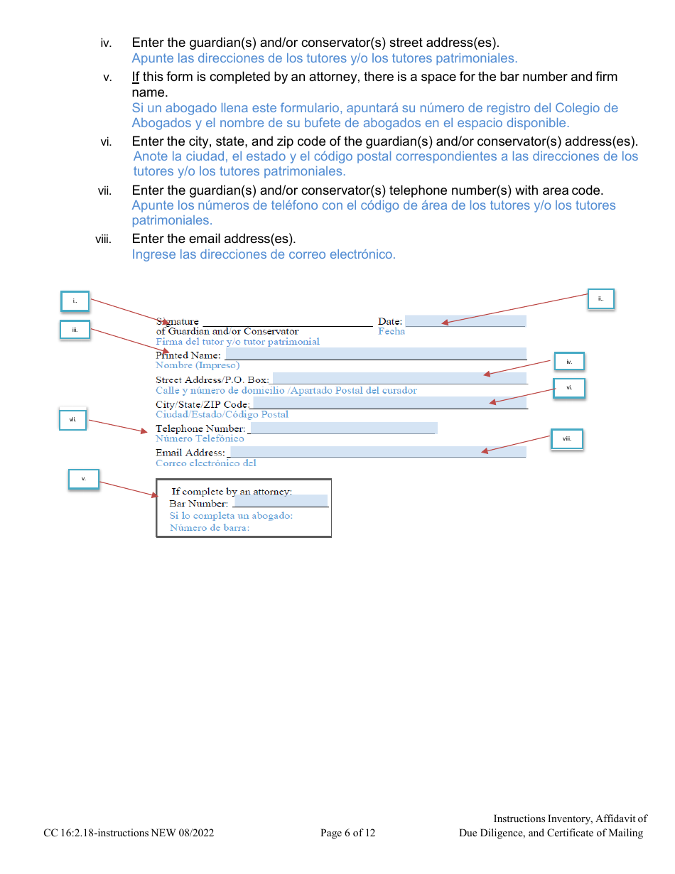 Instructions for Form CC16:2.9 Inventory, Affidavit of Due Diligence and Certificate of Service - Nebraska (English / Spanish), Page 6