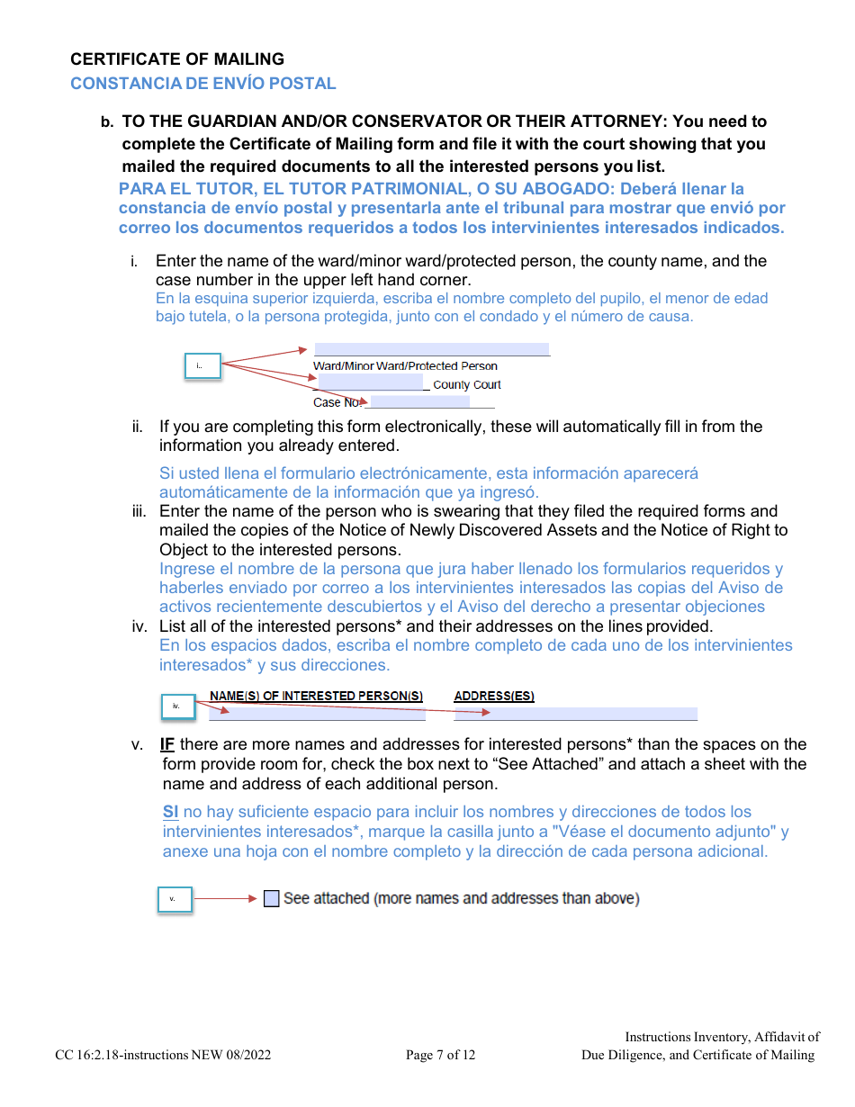 Instructions for Form CC16:2.9 Inventory, Affidavit of Due Diligence and Certificate of Service - Nebraska (English / Spanish), Page 7