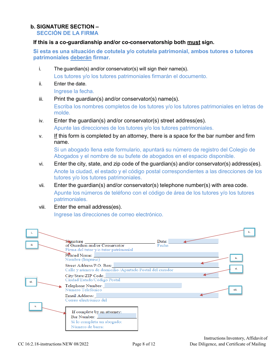 Instructions for Form CC16:2.9 Inventory, Affidavit of Due Diligence and Certificate of Service - Nebraska (English / Spanish), Page 8