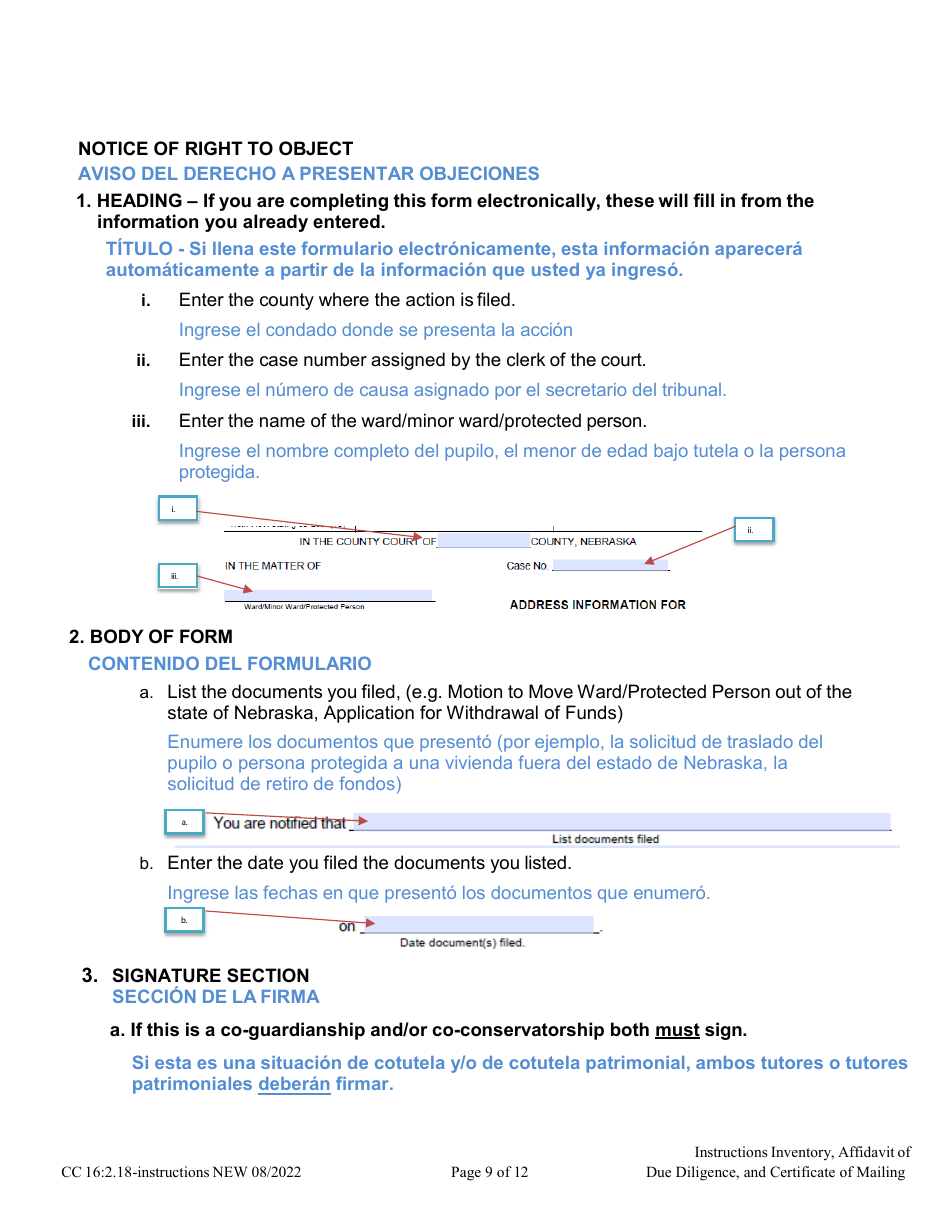Instructions for Form CC16:2.9 Inventory, Affidavit of Due Diligence and Certificate of Service - Nebraska (English / Spanish), Page 9