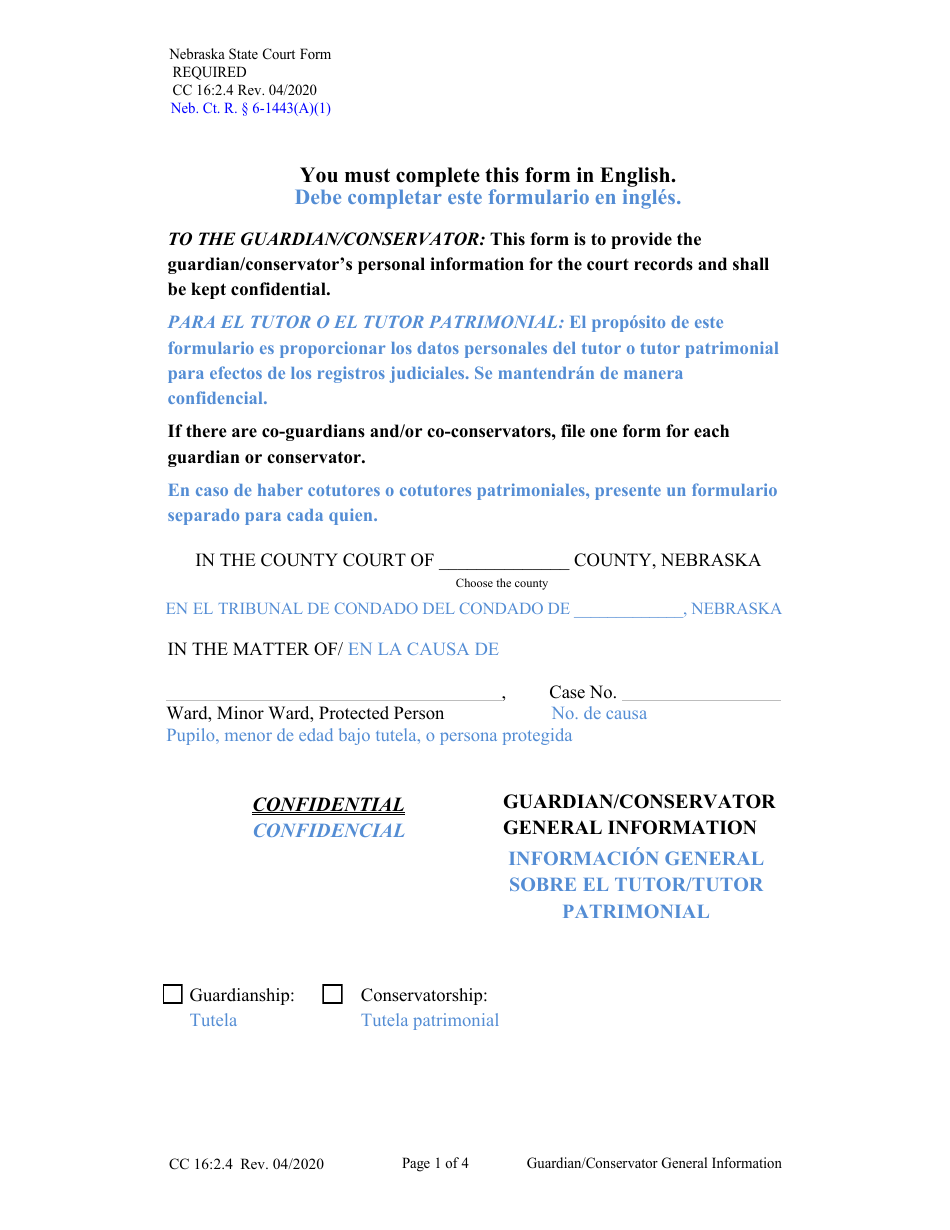 Form CC16:2.4 Guardian / Conservator General Information - Nebraska (English / Spanish), Page 1