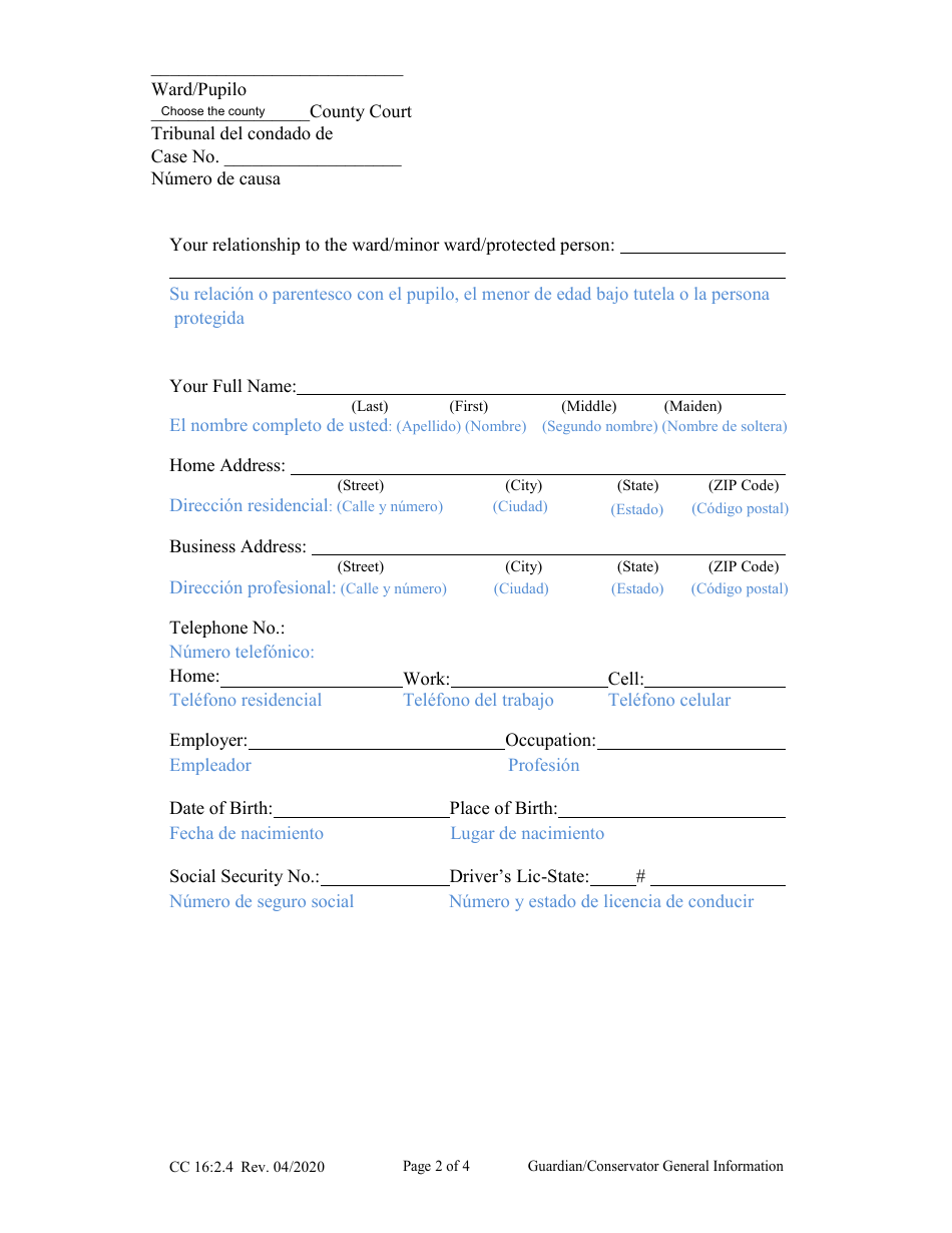 Form CC16:2.4 Guardian / Conservator General Information - Nebraska (English / Spanish), Page 2
