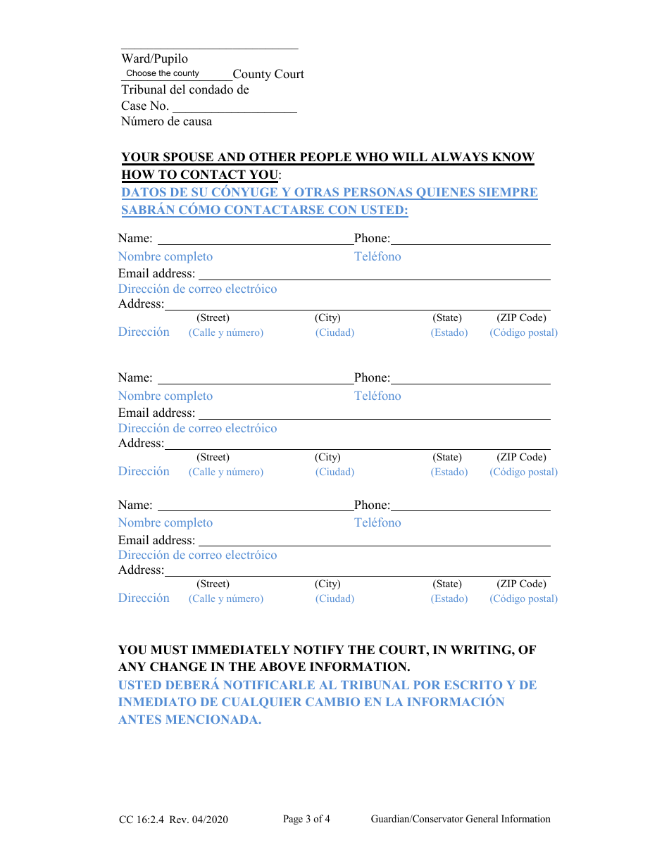 Form CC16:2.4 Guardian / Conservator General Information - Nebraska (English / Spanish), Page 3