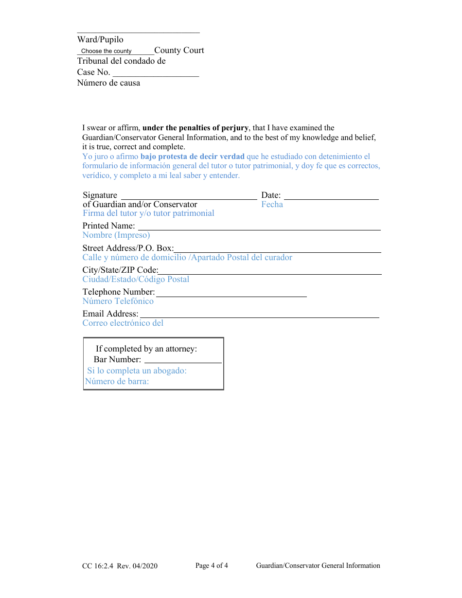 Form CC16:2.4 Guardian / Conservator General Information - Nebraska (English / Spanish), Page 4