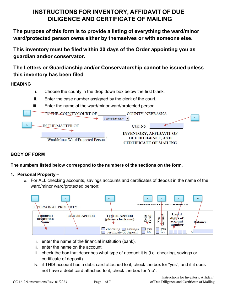 Instructions for Form CC16:2.9 Inventory, Affidavit of Due Diligence and Certificate of Mailing - Nebraska, Page 1