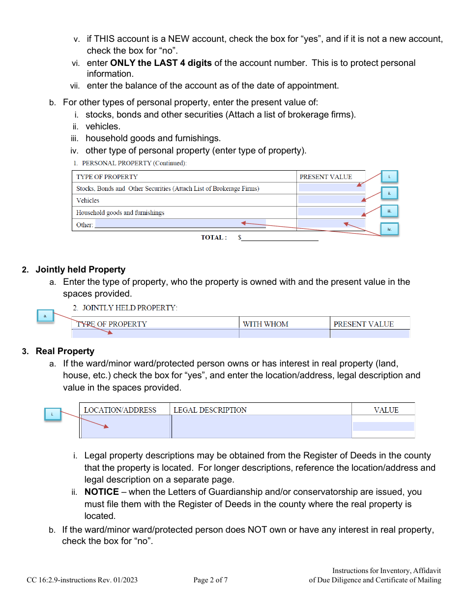 Instructions for Form CC16:2.9 Inventory, Affidavit of Due Diligence and Certificate of Mailing - Nebraska, Page 2