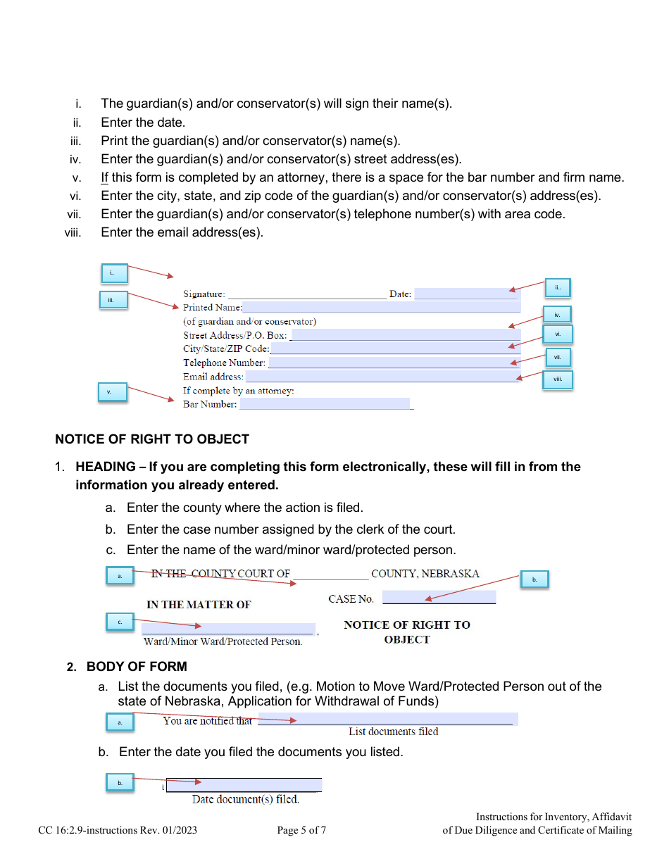 Instructions for Form CC16:2.9 Inventory, Affidavit of Due Diligence and Certificate of Mailing - Nebraska, Page 5