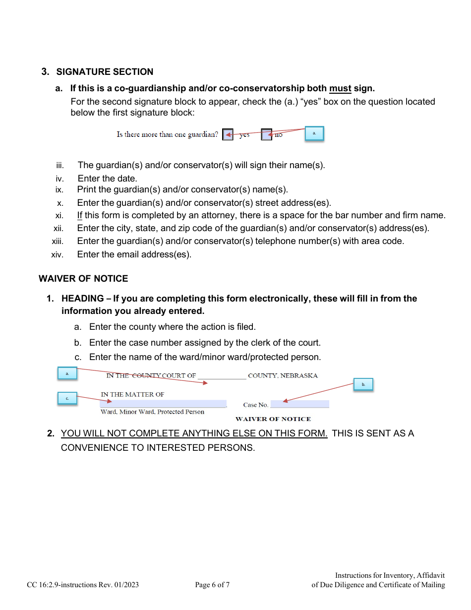 Instructions for Form CC16:2.9 Inventory, Affidavit of Due Diligence and Certificate of Mailing - Nebraska, Page 6