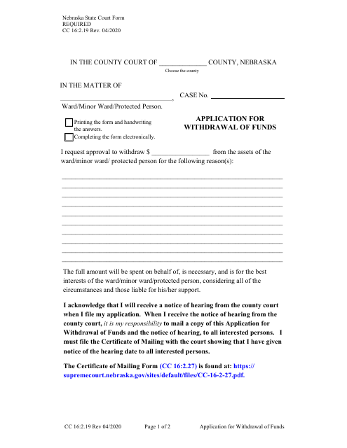 Form CC16:2.19 Application for Withdrawal of Funds - Nebraska