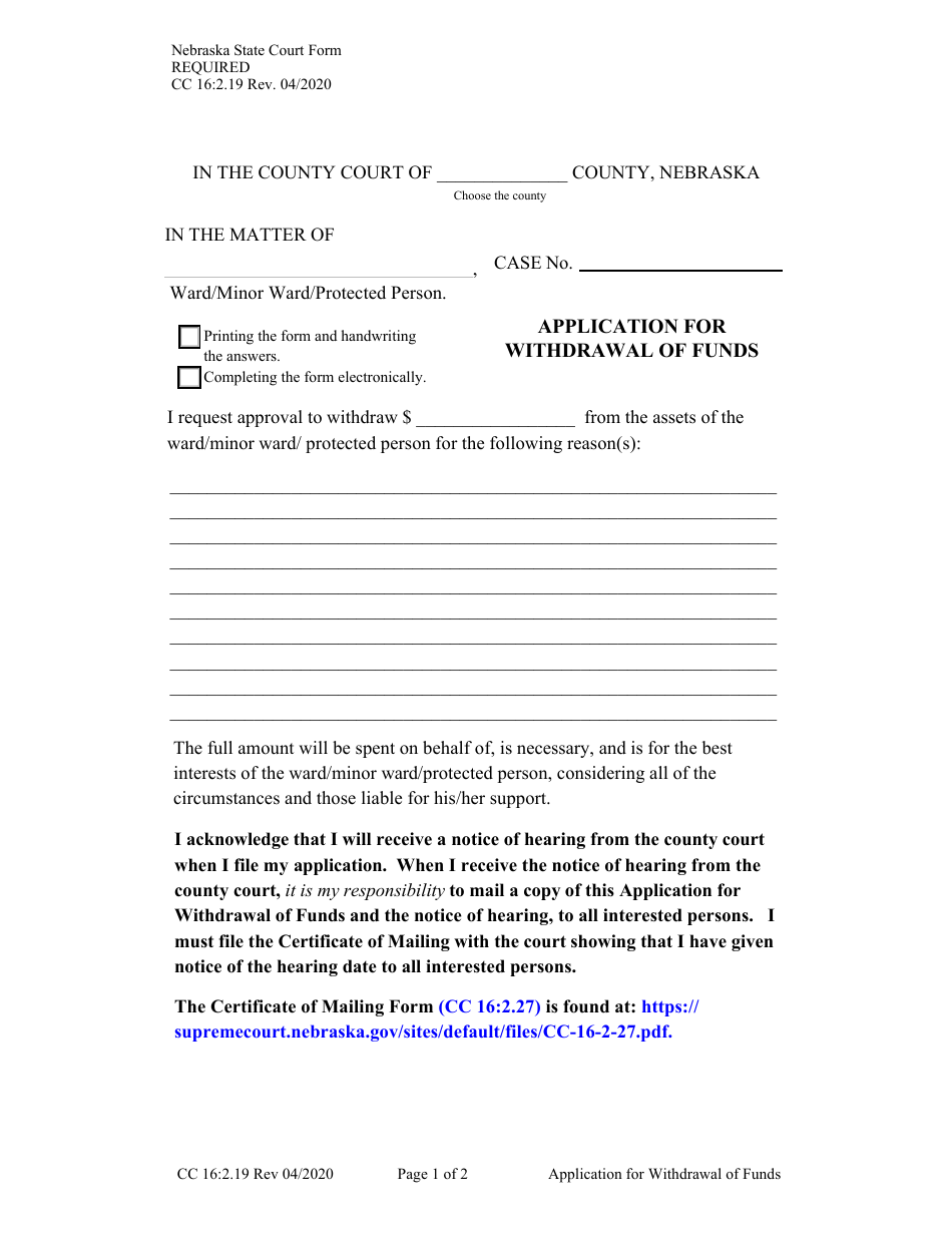 Form CC16:2.19 Application for Withdrawal of Funds - Nebraska, Page 1