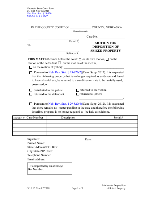 Form CC6:16 Motion for Disposition of Seized Property - Nebraska