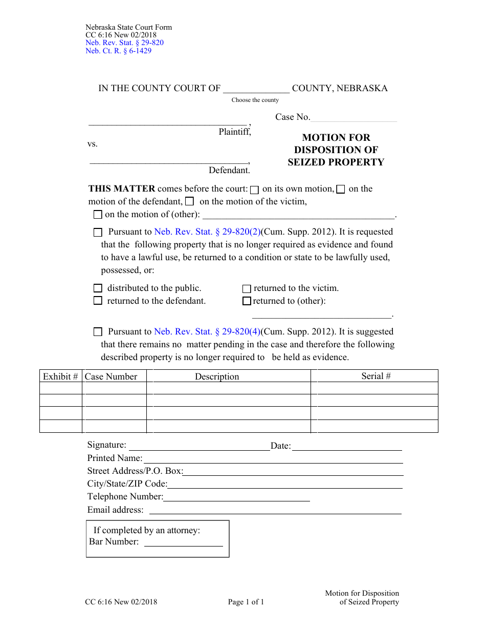 Form CC6:16 Motion for Disposition of Seized Property - Nebraska, Page 1