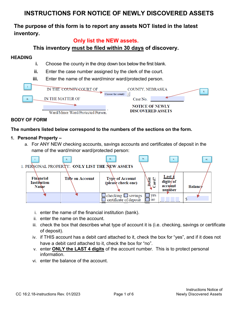 Instructions for Form CC16:2.18 Notice of Newly Discovered Assets - Nebraska, Page 1