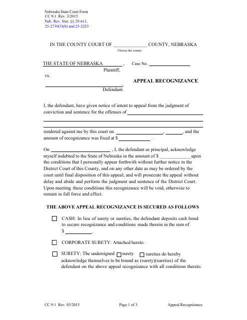Form CC9:1 Appeal Recognizance - Nebraska