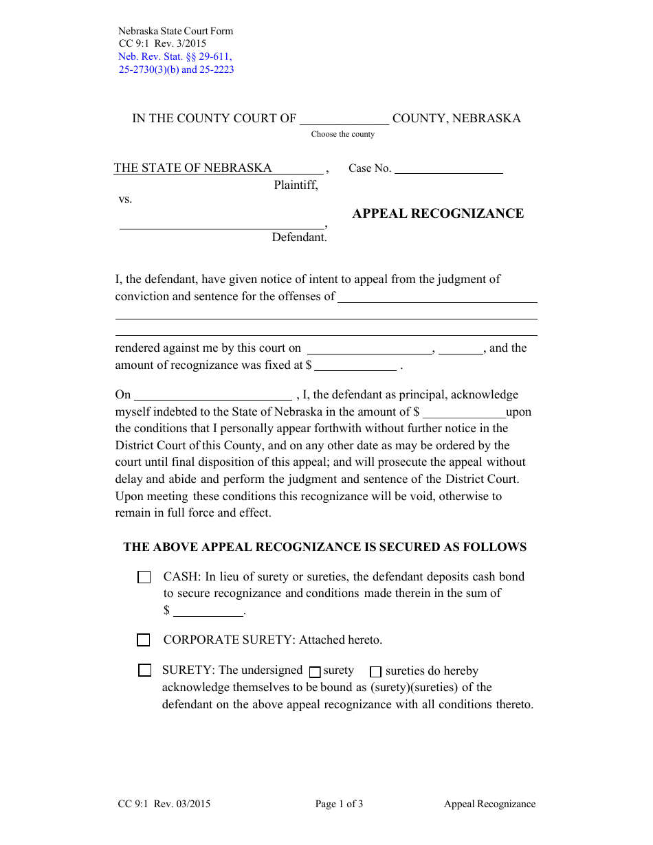 Form CC9:1 Appeal Recognizance - Nebraska, Page 1