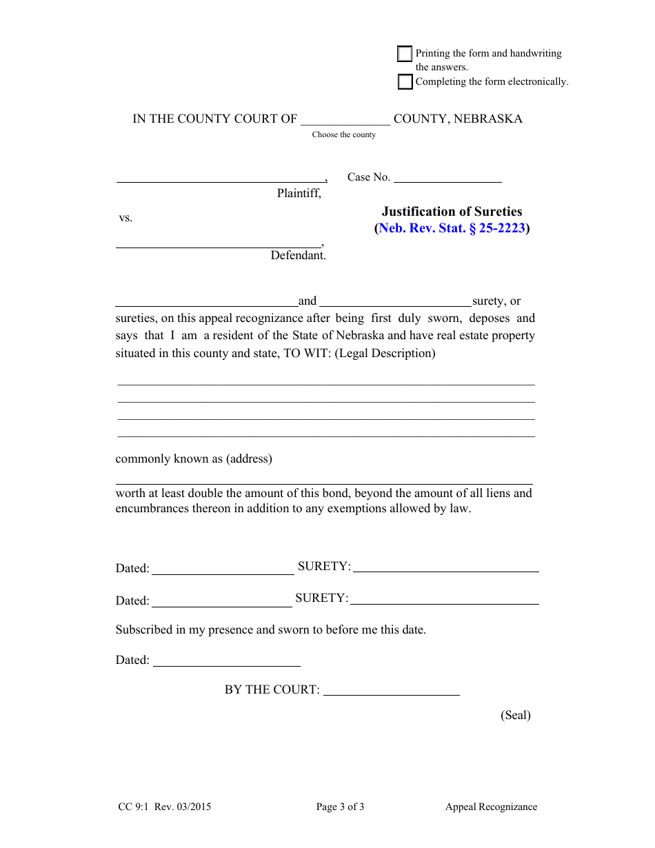 Form CC9:1 Appeal Recognizance - Nebraska, Page 3