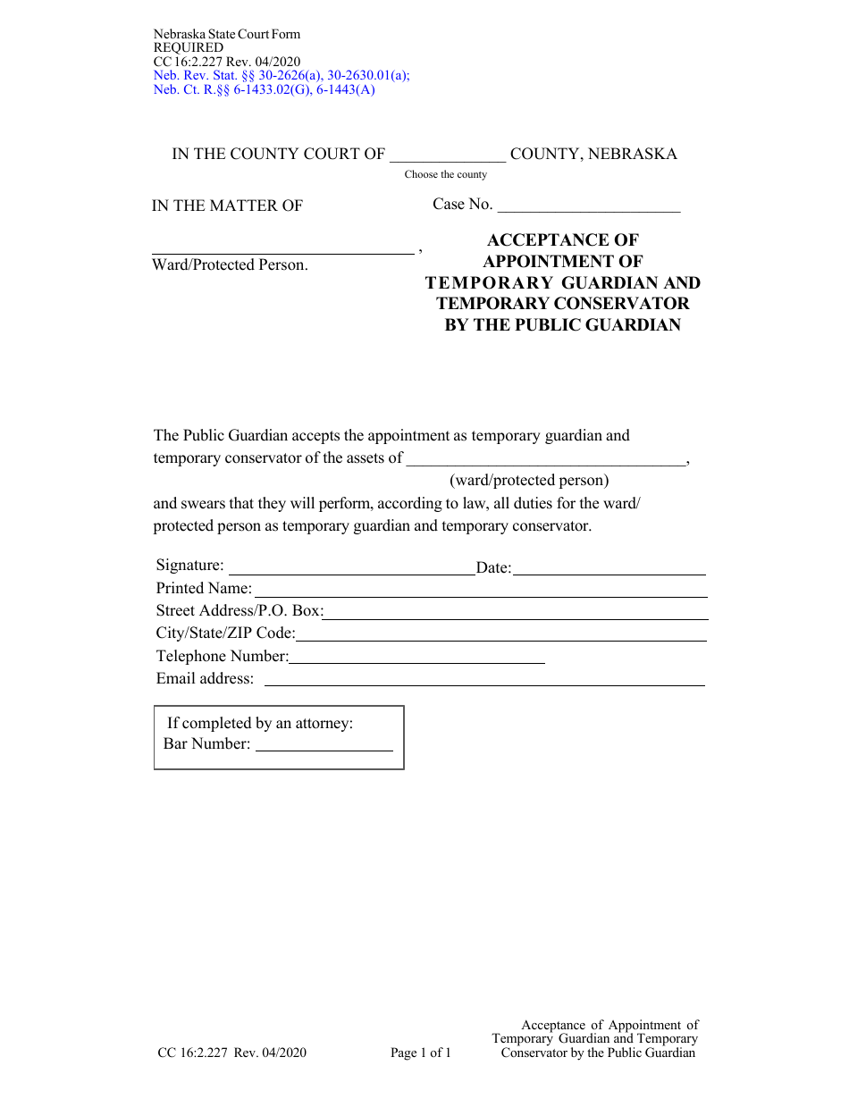 Form CC16:2.227 Acceptance of Appointment of Temporary Guardian and Temporary Conservator by the Public Guardian - Nebraska, Page 1