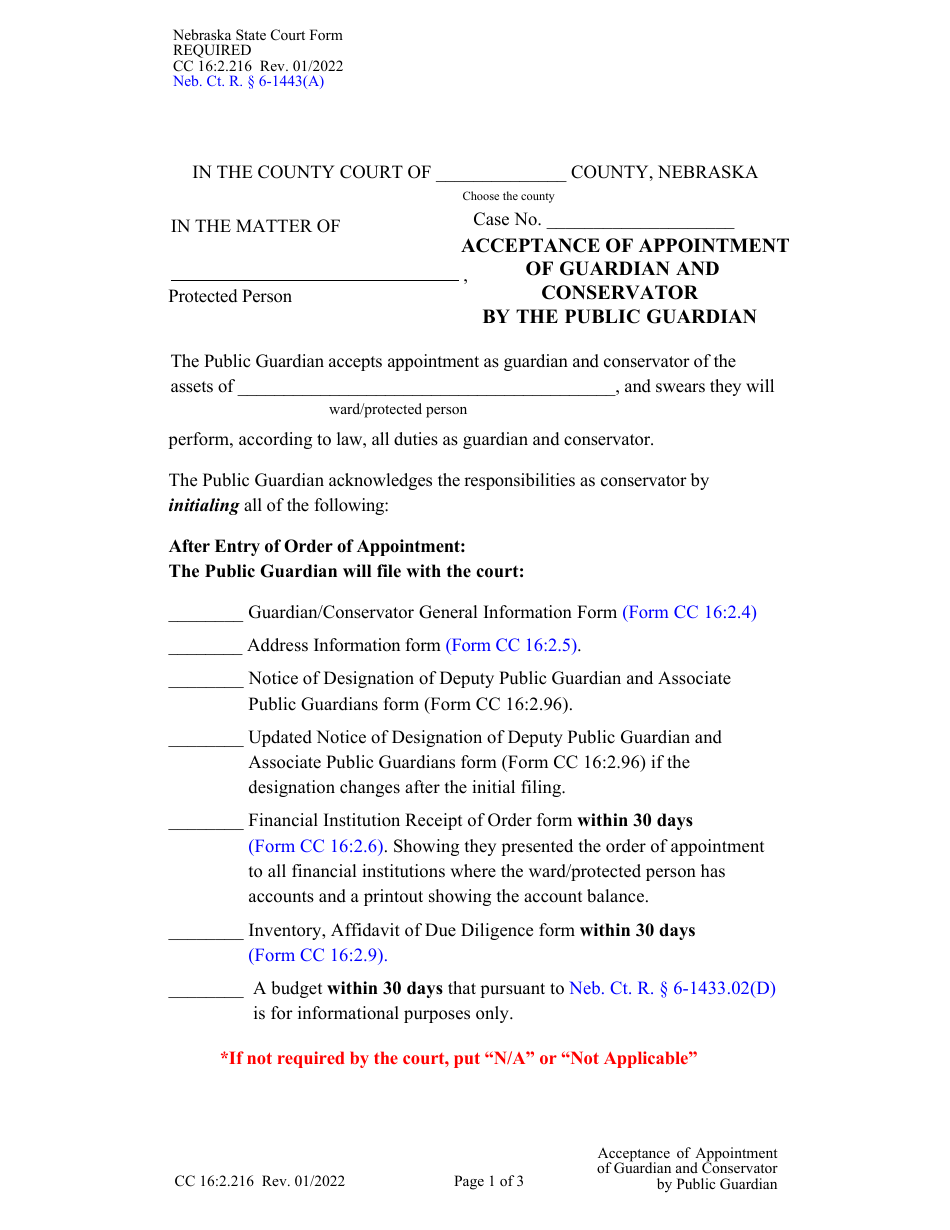 Form CC16:2.216 Acceptance of Appointment of Guardian and Conservator by the Public Guardian - Nebraska, Page 1