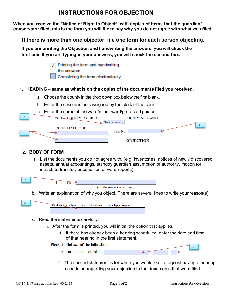 Instructions for Form CC16:2.17 Objection - Nebraska, Page 1