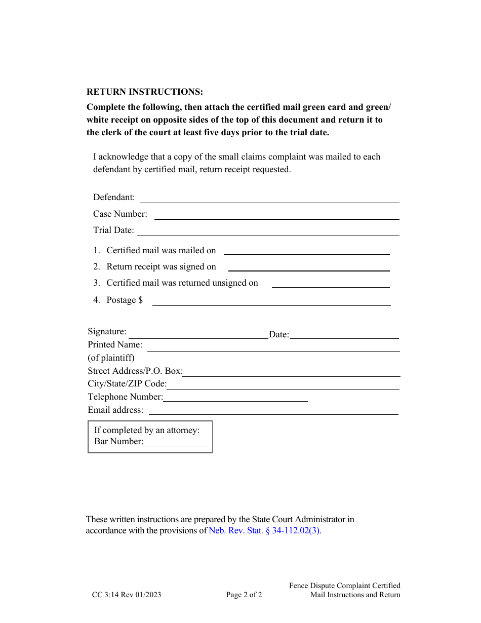 Form CC3:14 Fence Dispute Complaint Certified Mail Instruction and Return - Nebraska, Page 2