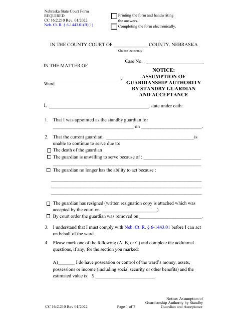 Form CC16:2.210 Notice: Assumption of Guardianship Authority by Standby Guardian and Acceptance - Nebraska