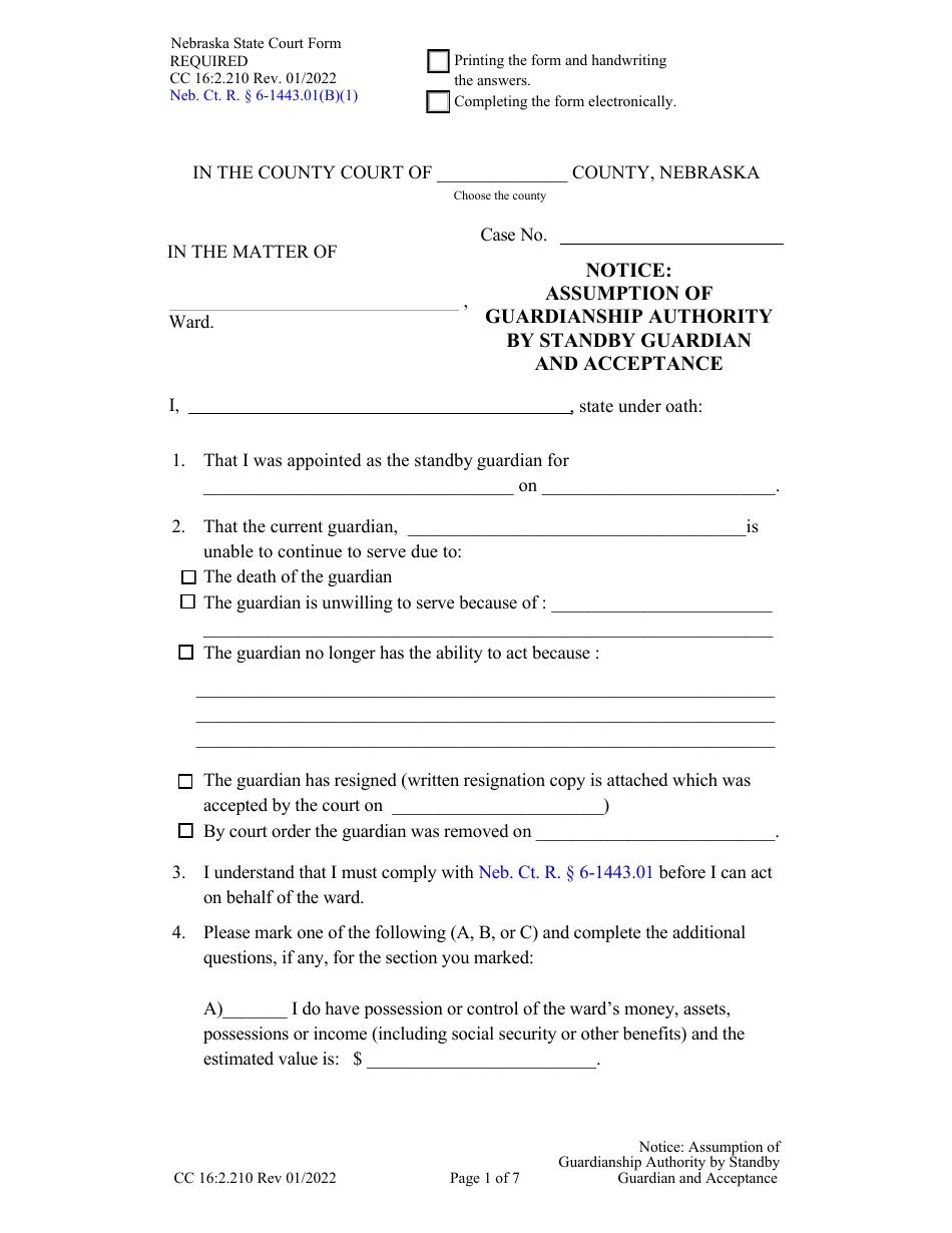 Form CC16:2.210 Notice: Assumption of Guardianship Authority by Standby Guardian and Acceptance - Nebraska, Page 1