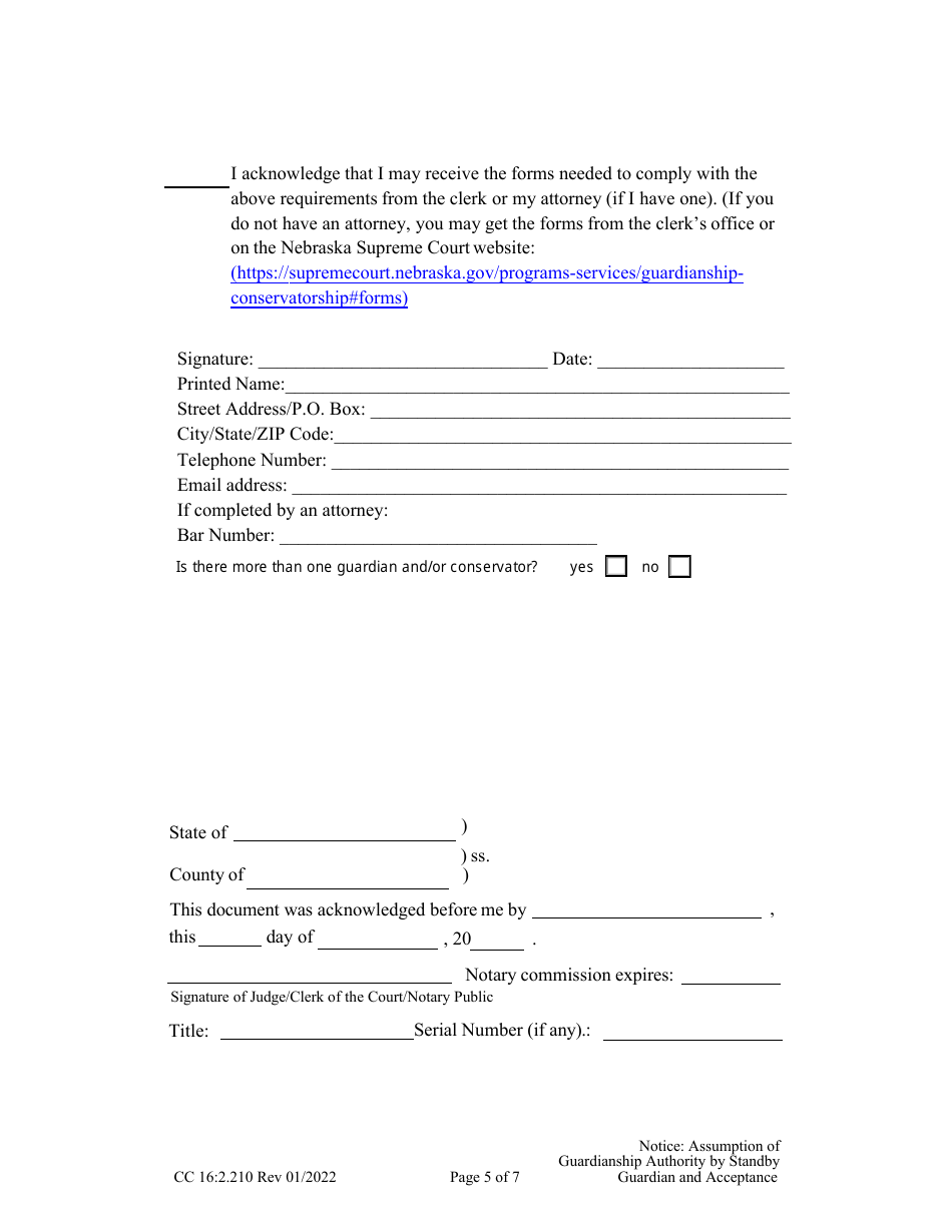 Form CC16:2.210 Notice: Assumption of Guardianship Authority by Standby Guardian and Acceptance - Nebraska, Page 5