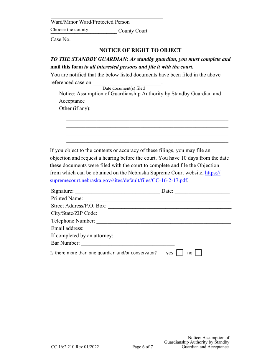Form CC16:2.210 Notice: Assumption of Guardianship Authority by Standby Guardian and Acceptance - Nebraska, Page 6
