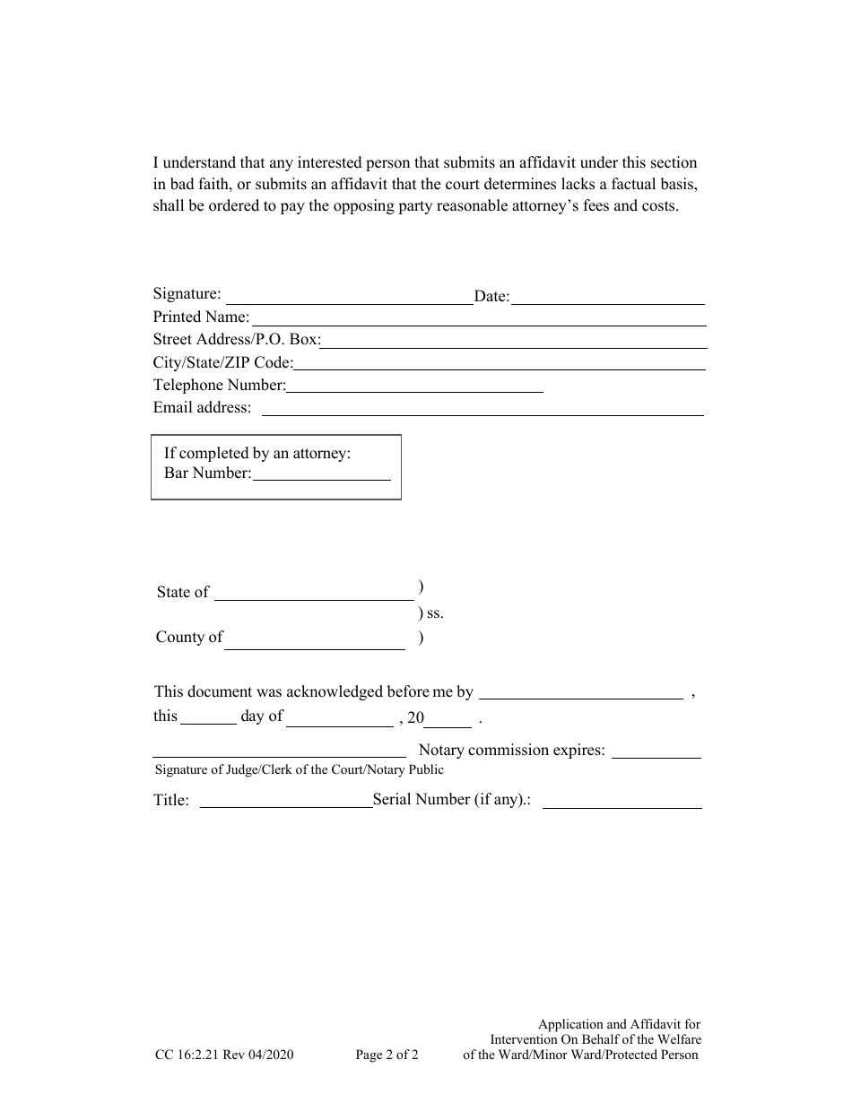 Form CC16:2.21 Application and Affidavit for Intervention on Behalf of the Welfare of the Ward / Minor Ward / Protected Person - Nebraska, Page 2