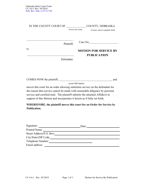 Form CC6:6.1 Motion for Service by Publication - Nebraska