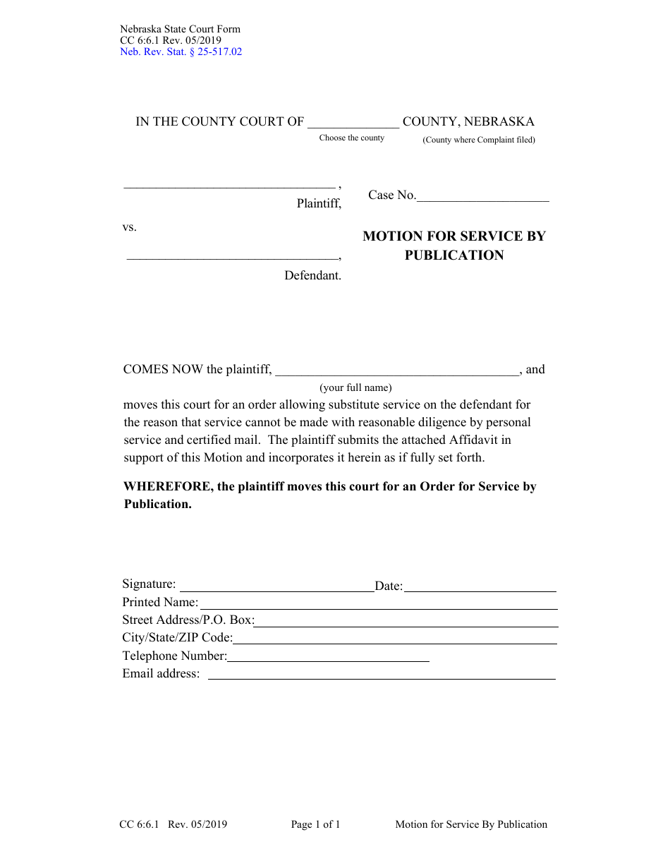 Form CC6:6.1 Motion for Service by Publication - Nebraska, Page 1