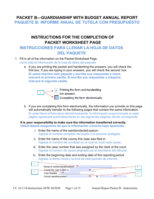 Instructions for Form CC16:2.34 Packet B - Guardianship With Budget Annual Reporting Forms - Nebraska (English/Spanish)