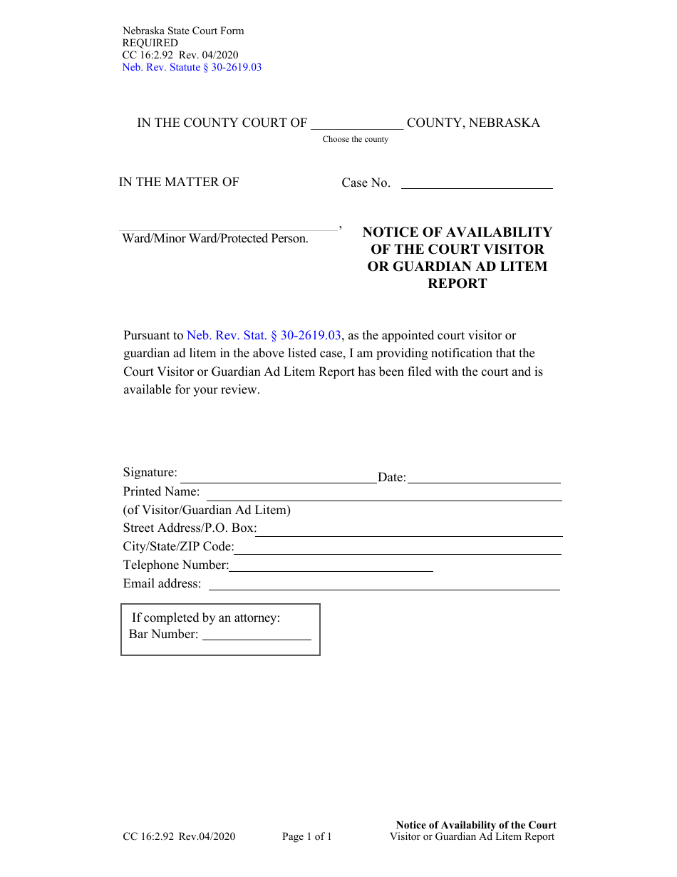 Form CC16:2.92 Notice of Availability of the Court Visitor or Guardian Ad Litem Report - Nebraska, Page 1