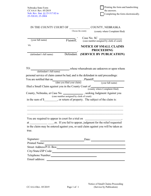 Form CC6:6.4 Notice of Small Claims Proceeding (Service by Publication) - Nebraska