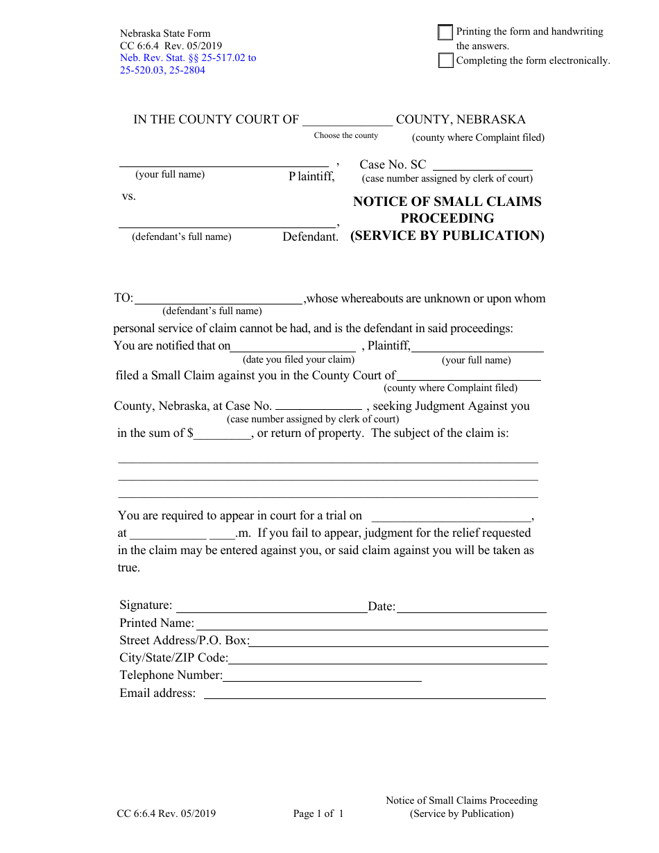 Form CC6:6.4 Notice of Small Claims Proceeding (Service by Publication) - Nebraska, Page 1